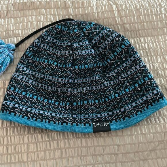 vtg Turtle Fur tassel beanie turquoise black winter hat merino wool knit - Picture 4 of 6